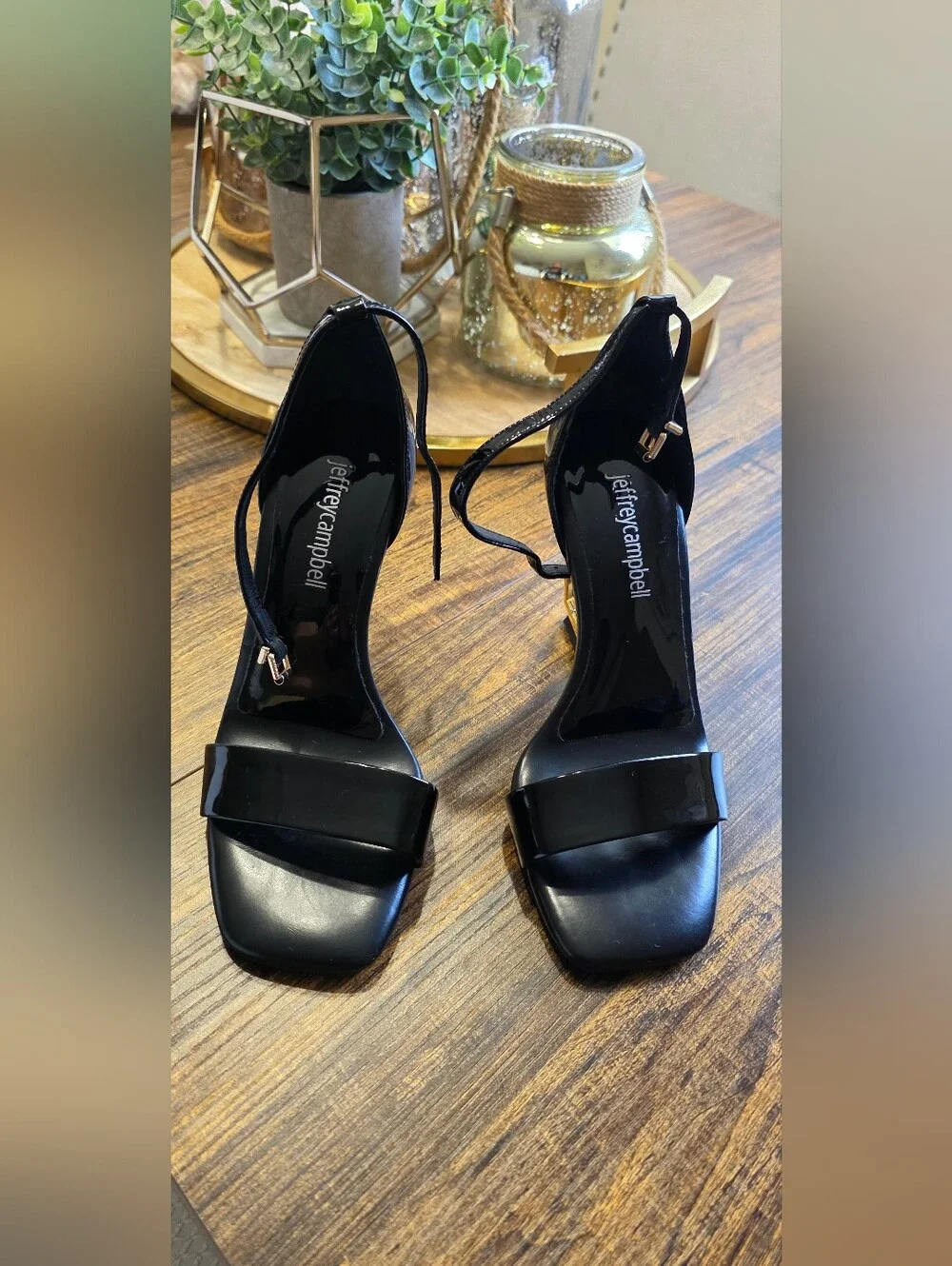Jeffrey Campbell Black Patent Gold Geometric Heel Sandals